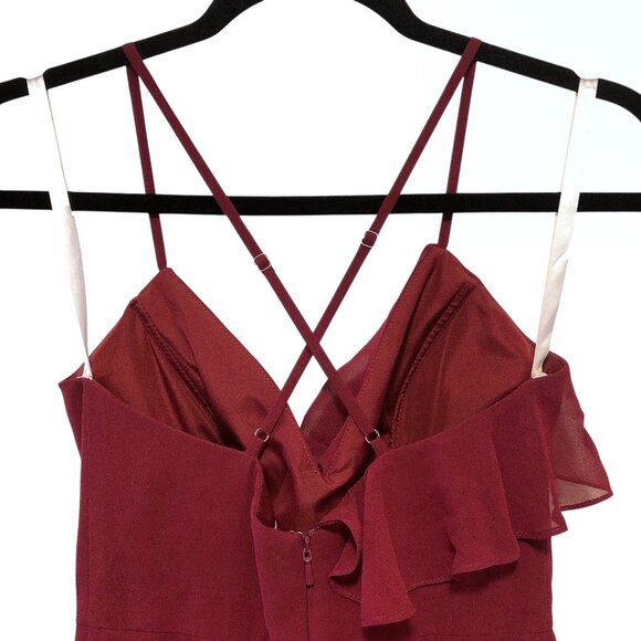 Revelry Solid Red Wine Ruffle V-neck Criss-cross Back Side Slit Formal Dress 0 - Picture 5 of 8
